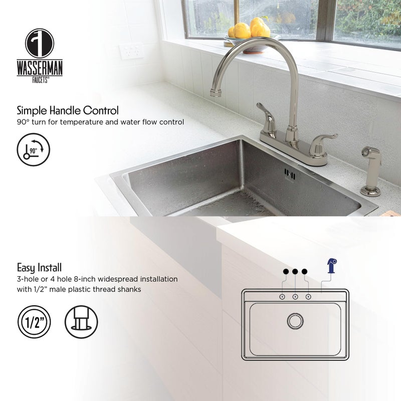 Wasserman Faucets Wasserman 23073124 - Mobile Home RV Kitchen Sink Faucet High Spout Dual Lever Handle with Side Spray, High Arc, Deck Mount, Brushed Nickel, 8 inch on Center, for Campers, Motorhomes, Travel - Image 4